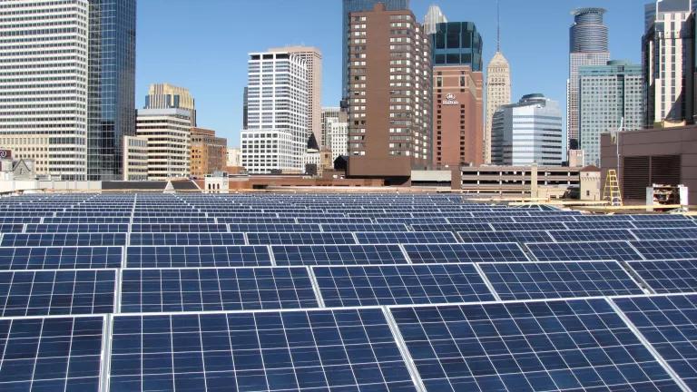 The 600 kW solar electric system installation on the roof of the Minneapolis Convention Center in Minneapolis, Minnesota.