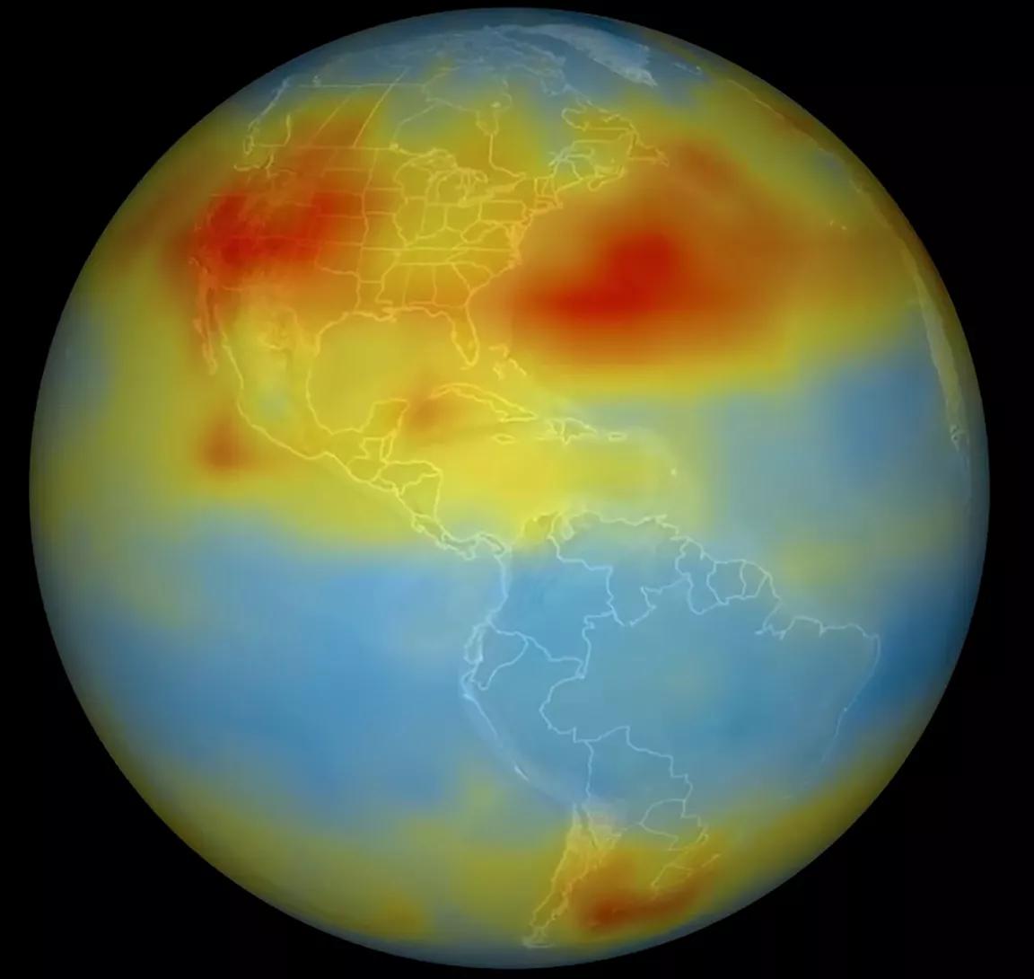 An image of the earth shaded with an overlay of red, yellow, and blue 