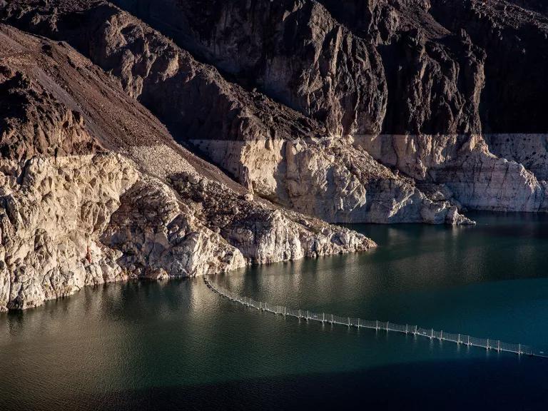 Lake Mead, the country's largest man-made water reservoir, stands at less than half of its capacity, as viewed on August 14, 2023 near Boulder City, Nevada.